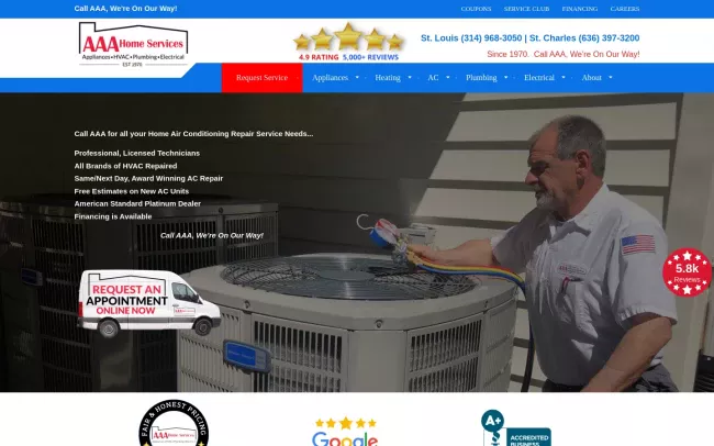 Screenshot of the AAA Home Services AC Repair Website