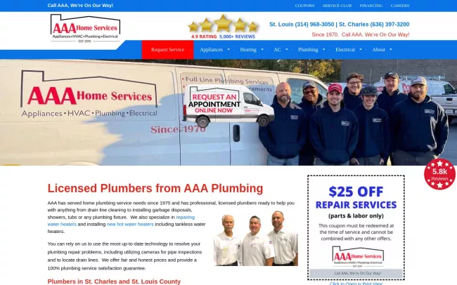 Screenshot of the AAA Home Services Plumbing Website