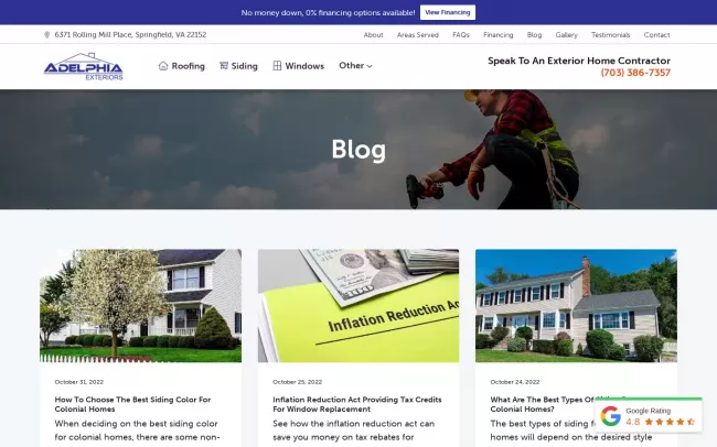 Screenshot of the Adelphia Exteriors Blog