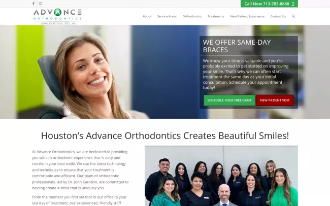 Screenshot of the Advance Orthodontics - Dr. Karotkin Houston Orthodontist Website