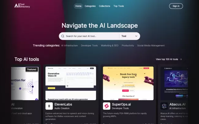 Screenshot of the AI Tool Directory | Explore the AI Landscape Website