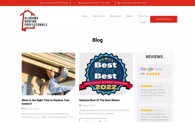Screenshot of the Alabama Roofing Professionals Blog