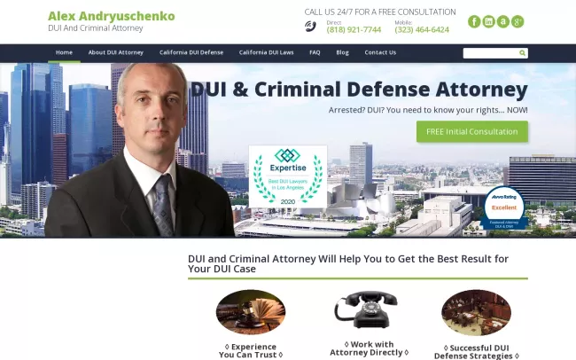 Screenshot of the Alex Andryuschenko, DUI And Criminal Attorney Website