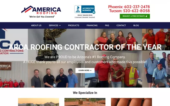 Screenshot of the America Roofing Website