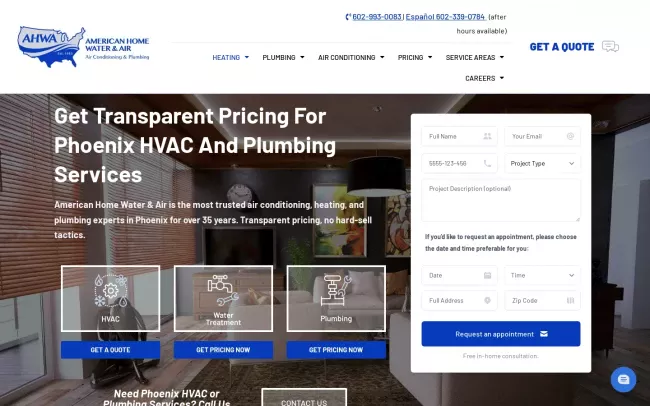 Screenshot of the American Home Water & Air Website