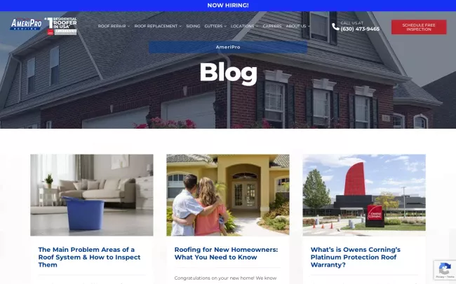 Screenshot of the AmeriPro Roofing Blog