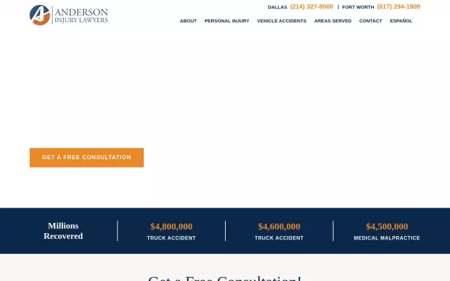 Screenshot of the Anderson Injury Lawyers - Fort Worth Office Website