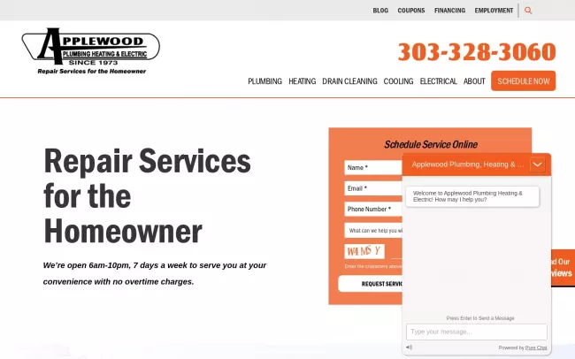 Screenshot of the Applewood Plumbing, Heating & Electric Website