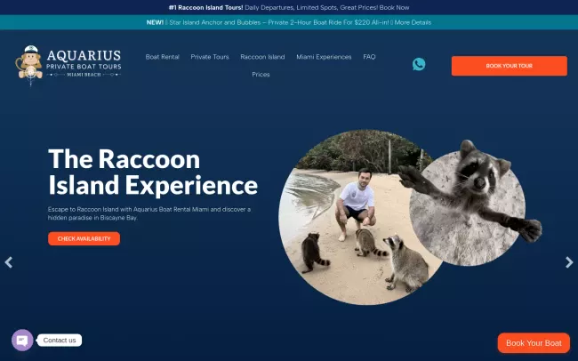 Screenshot of the Aquarius Boat Rental and Tours Website