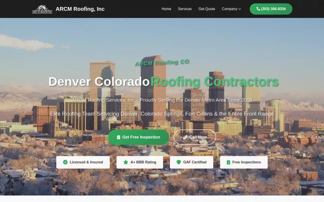 Screenshot of the ARCM Roofing Inc. Website