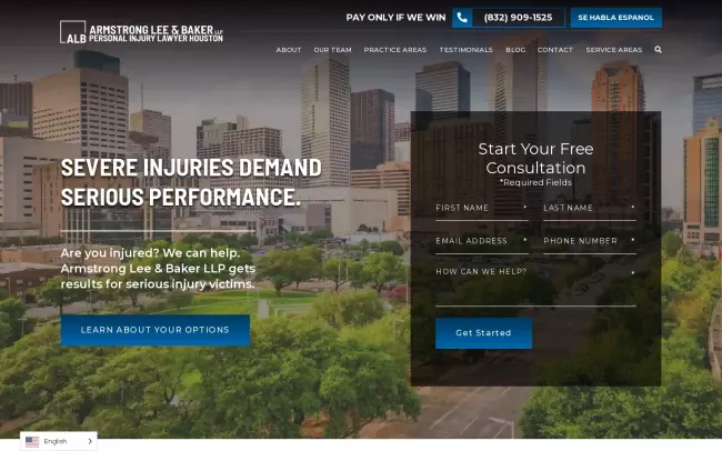Screenshot of the Armstrong Lee & Baker LLP: Personal Injury Lawyer Houston Website