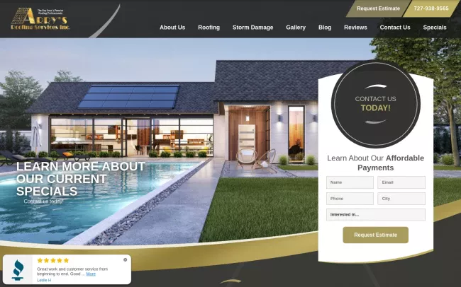 Screenshot of the Arry's Roofing Services, Inc. Website
