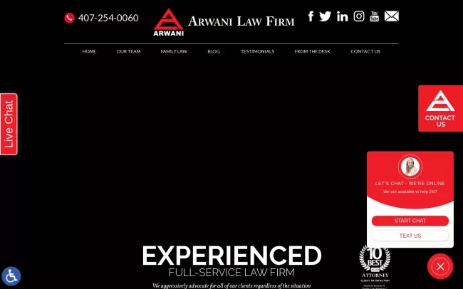 Screenshot of the Arwani Law Firm - Orlando Divorce Lawyer Website