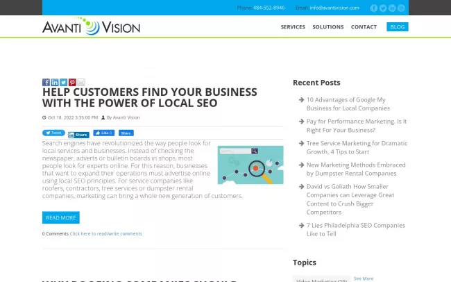 Screenshot of the Avanti Vision Blog