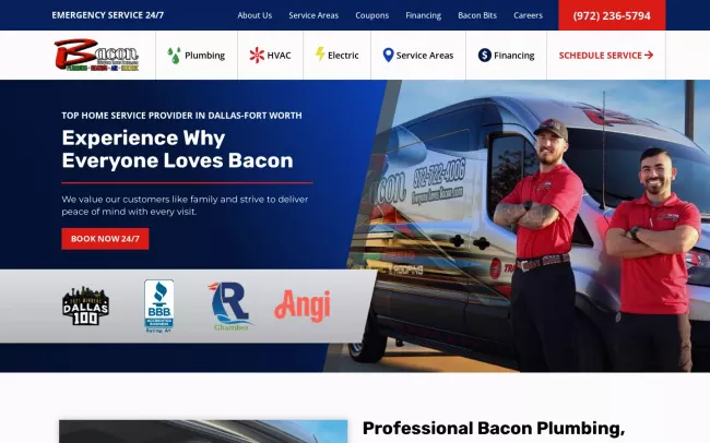 Screenshot of the Bacon Plumbing Heating Air Electric Website