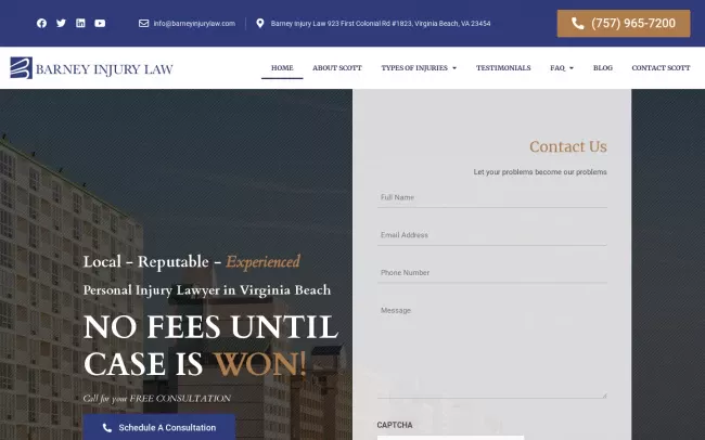 Screenshot of the Barney Injury Law - Virginia Beach Personal Injury Lawyer Website