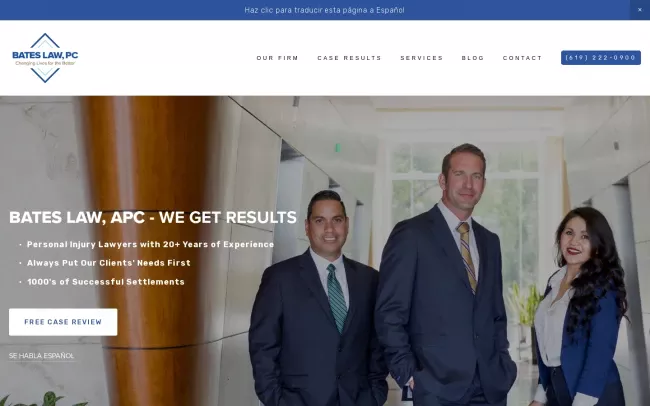 Screenshot of the The Bates Law Firm AbogadosAccidentes Website