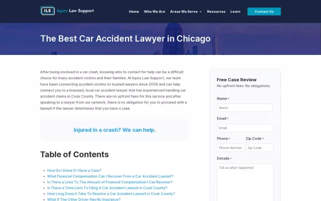 Screenshot of the Injury Law Support Website
