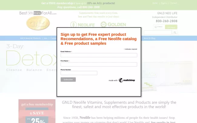 Screenshot of the Best Vitamins For All: GNLD Neolife Website