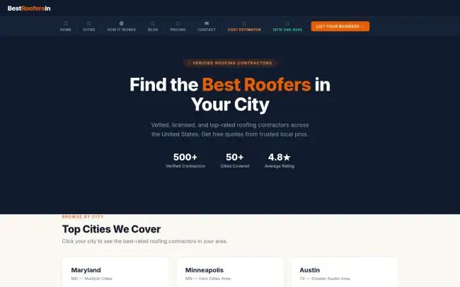 Screenshot of the BestRoofersIn.com Website