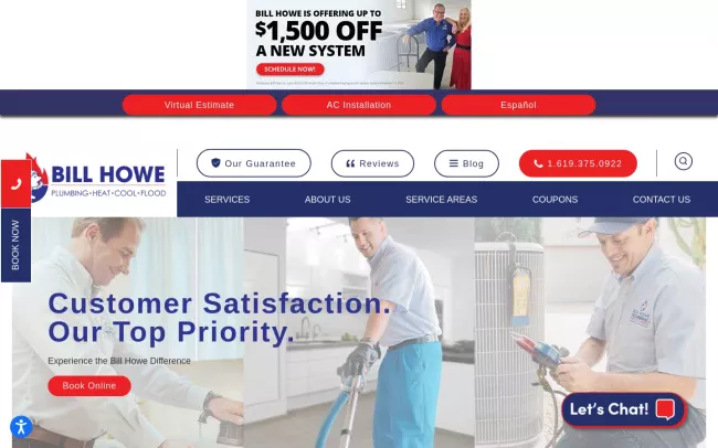 Screenshot of the Bill Howe Plumbing, Heating & Air, Restoration & Flood Services Website
