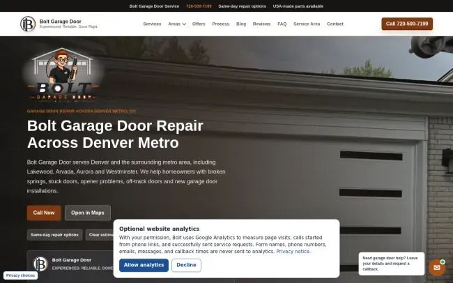 Screenshot of the Bolt Garage Door Repair Website