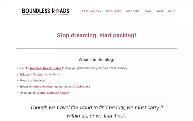Screenshot of the Boundless Roads Blog