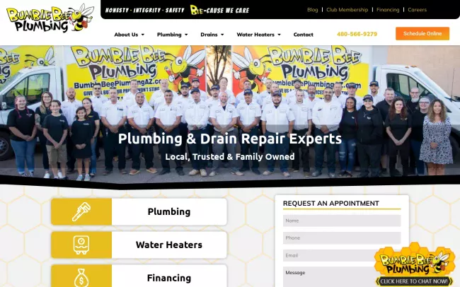Screenshot of the Bumble Bee Plumbing Website