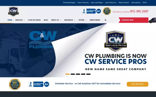 Screenshot of the CW Service Pros Plumbing, Heating & Air Conditioning Website