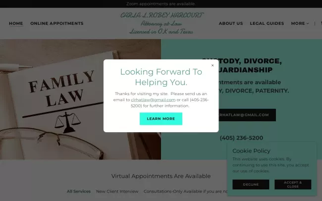 Screenshot of the Carla L. Robey-Harcourt, Attorney at Law Website