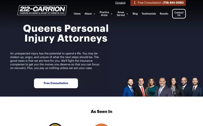 Screenshot of the Carrion Law Personal Injury & Accident Attorneys in Queens, NY Website