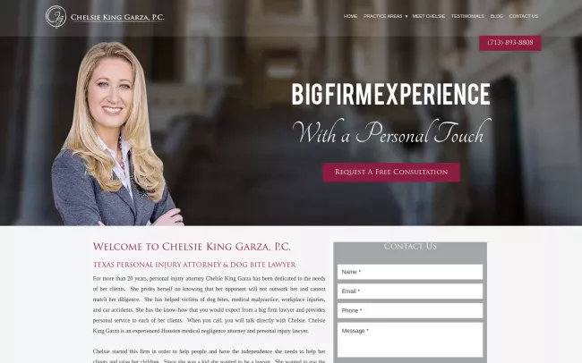 Screenshot of the Chelsie King Garza Houston Personal Injury Attorney & Dog Bite Lawyer Website