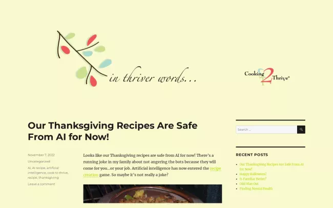 Screenshot of the Cooking2Thrive - in thriver words Blog