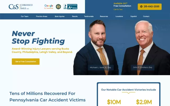 Screenshot of the Cordisco & Saile Injury Lawyers Website