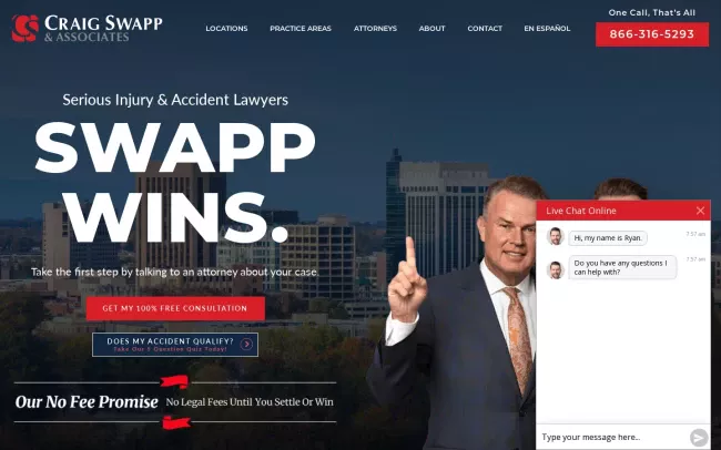 Screenshot of the Craig Swapp & Associates Accident Lawyers Website