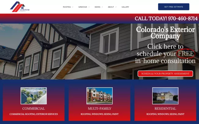 Screenshot of the Custom Exteriors Website