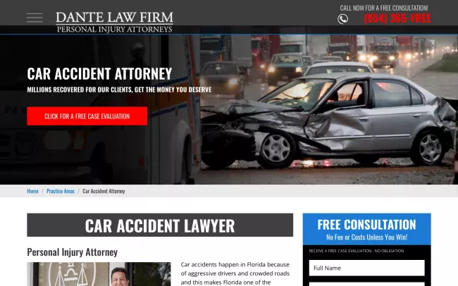 Screenshot of the Dante Law - Accident Attorney NOW Website