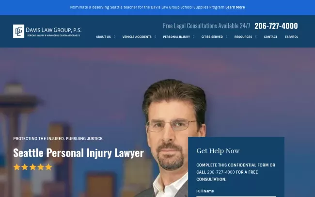 Screenshot of the Davis Law Group Car Accident and Personal Injury Lawyers - Seattle Office Website