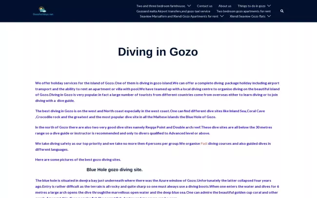 Screenshot of the Diving in Gozo Website