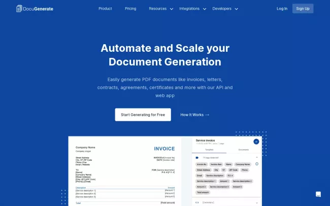 Screenshot of the DocuGenerate - PDF Generation API Website