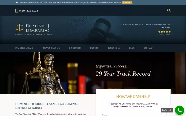 Screenshot of the Law Office of San Diego Criminal Defense Attorney Domenic J. Lombardo Website