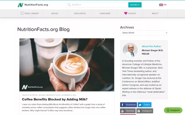 Screenshot of the Dr. Greger's Medical Nutrition Website Blog