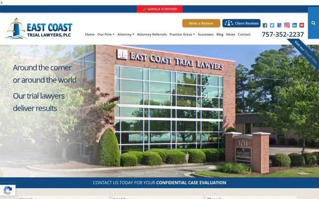 Screenshot of the East Coast Trial Lawyers, PLC Website