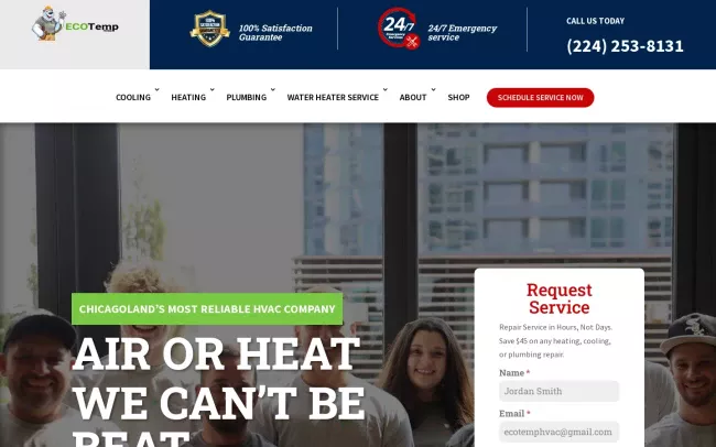 Screenshot of the Eco Temp HVAC Website