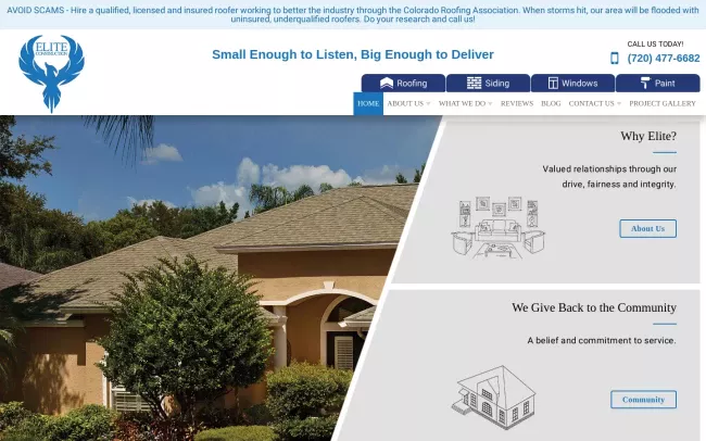Screenshot of the Elite Construction & Roofing Website