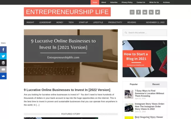 Screenshot of the Entrepreneurship Life Blog