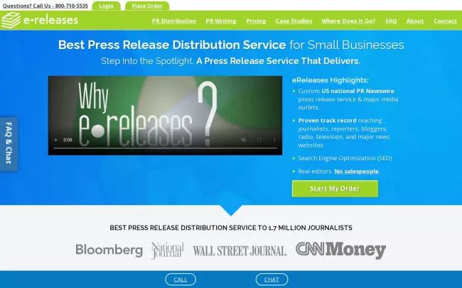 Screenshot of the eReleases Press Release Distribution Website