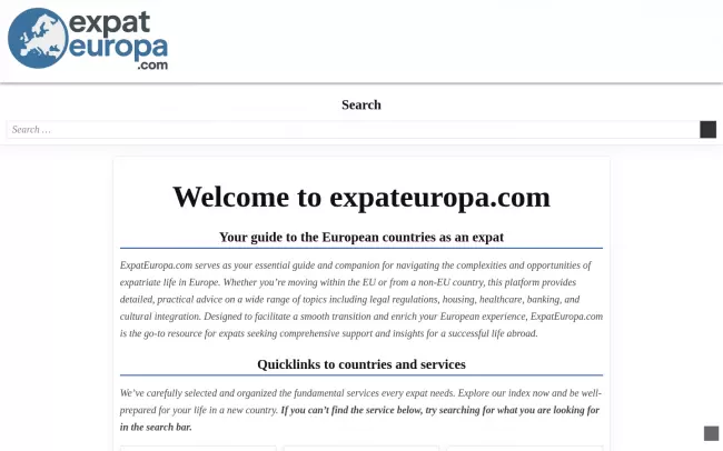 Screenshot of the Expert advice for living in Europe - ExpatEuropa.com Website