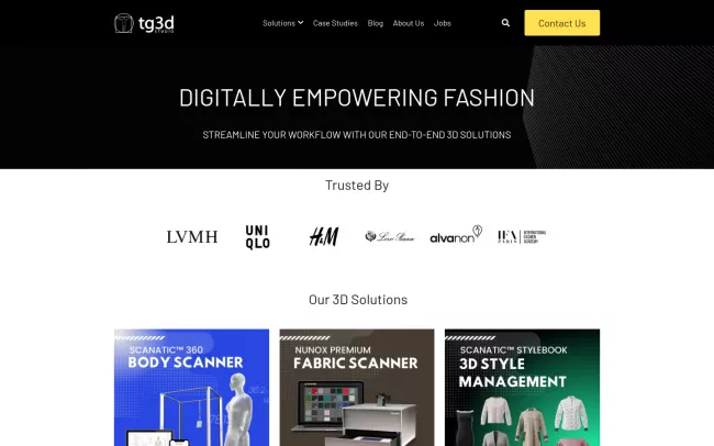 Screenshot of the TG3D Studio - Fashion Innovation with Digital Technology Website