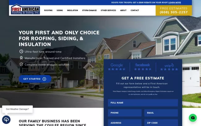 Screenshot of the First American Roofing and Siding Website